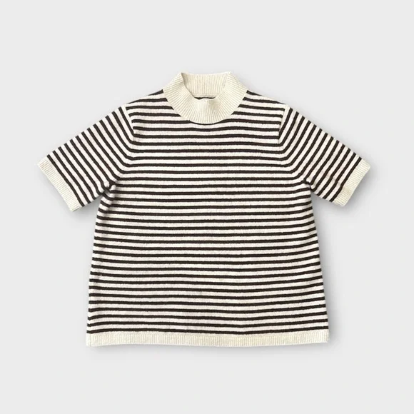 LOFT Mock Neck Short Sleeve Wool White Striped Pullover Sweater Women's Medium - Picture 3 of 13